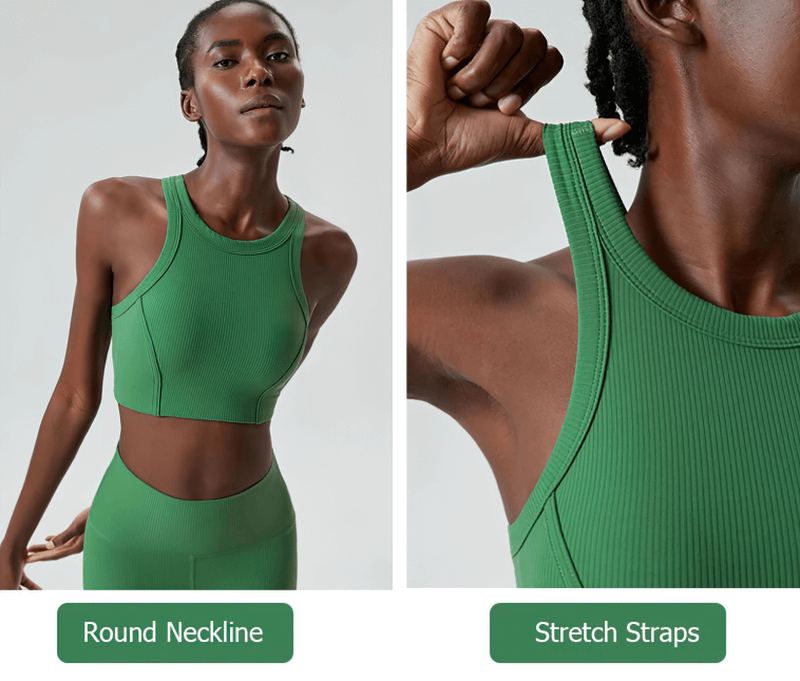 Close-up of women's green athletic yoga top with round neckline and stretch straps, showcasing sleek and stylish design.
